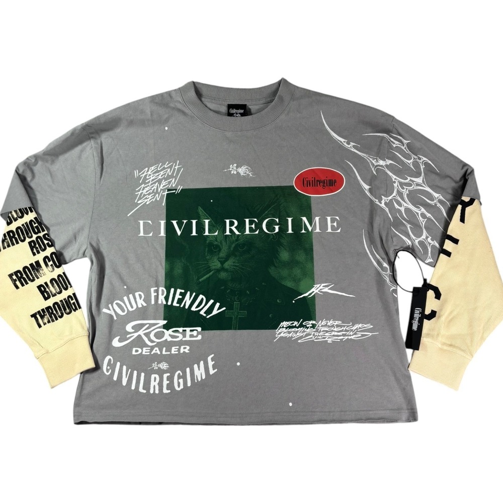 Civil Regime Rose Dealer Shirt Mens L Gray Graphic Double Layered Long Sleeve